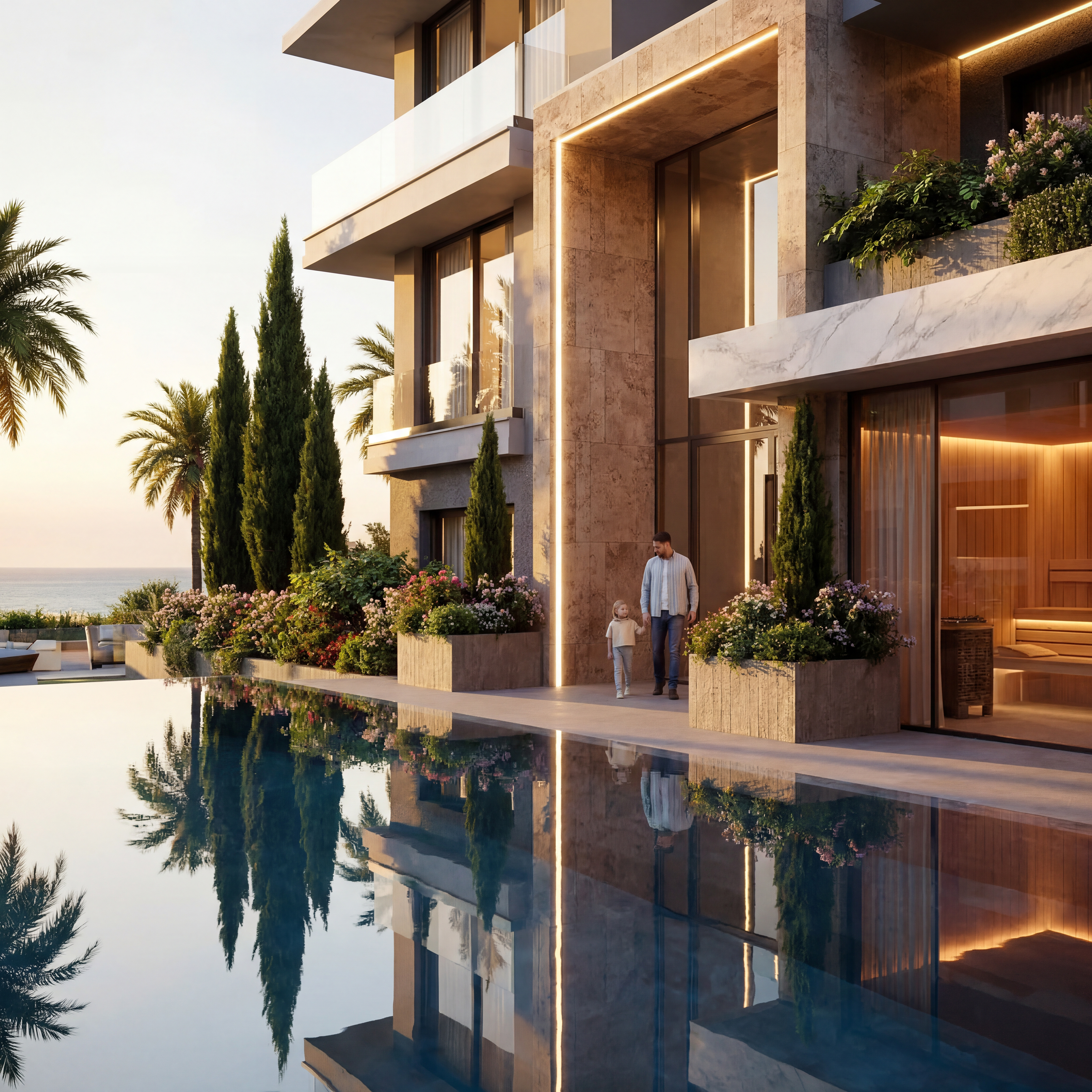 Sunrock Residences architecture with infinity pool and sea view